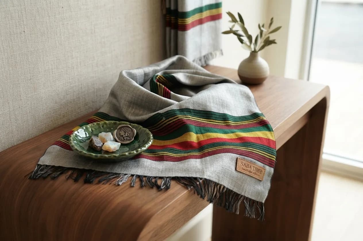 A hand-woven Ethiopian netela characterized by a textured, light metallic-grey base fabric that catches the light with a subtle sheen. Both ends of the scarf feature elaborate, wide horizontal borders known as tibeb. These borders display a vibrant, repeating sequence of stripes in rich green, bright yellow, and deep red, separated by fine black and red pinstripes. The scarf is finished with traditional, hand-twisted black fringe at both extremities. The fabric shows a fine, slightly irregular weave typical of traditional Ethiopian hand-loomed cotton.
